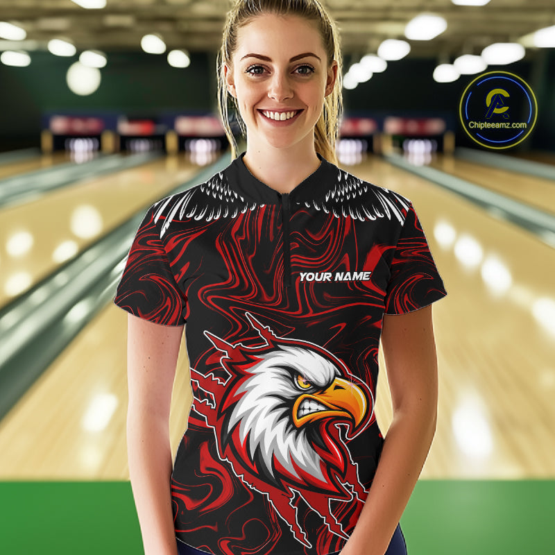 Black And Red Swirl Pattern Eagle Bowling Shirts Custom Bowling Team Jersey Polo, 1/4 Zip