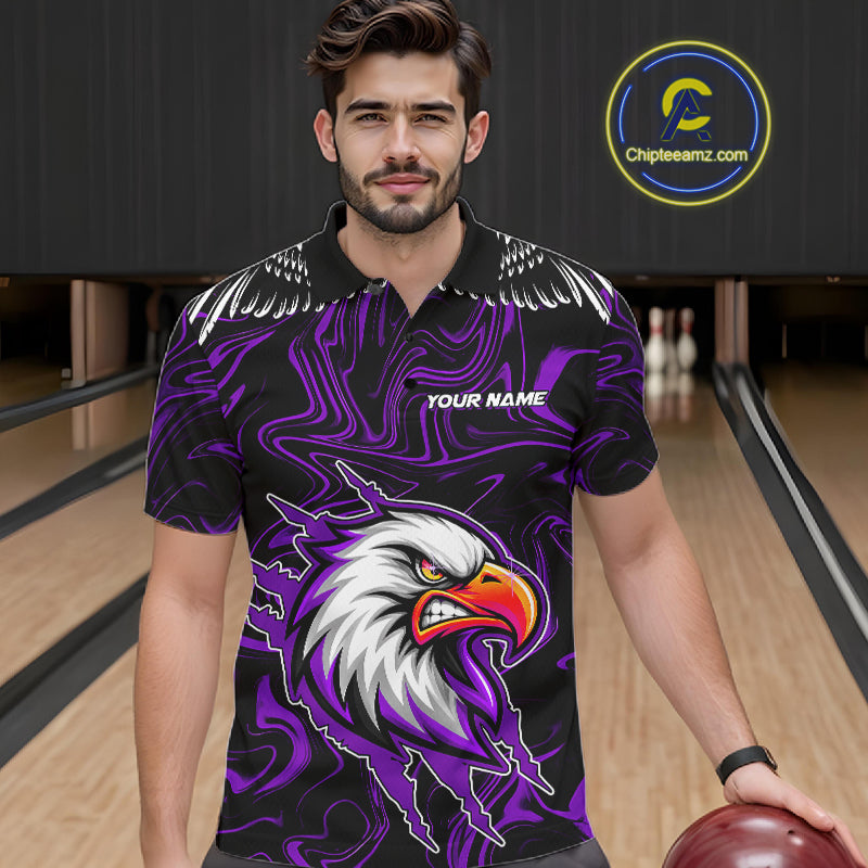 Black And Purple Swirl Pattern Eagle Bowling Shirts Custom Bowling League Team Jersey