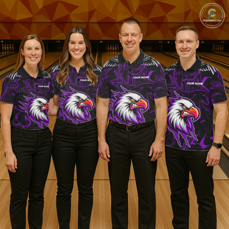 Black And Purple Swirl Pattern Eagle Bowling Shirts Custom Bowling League Team Jersey