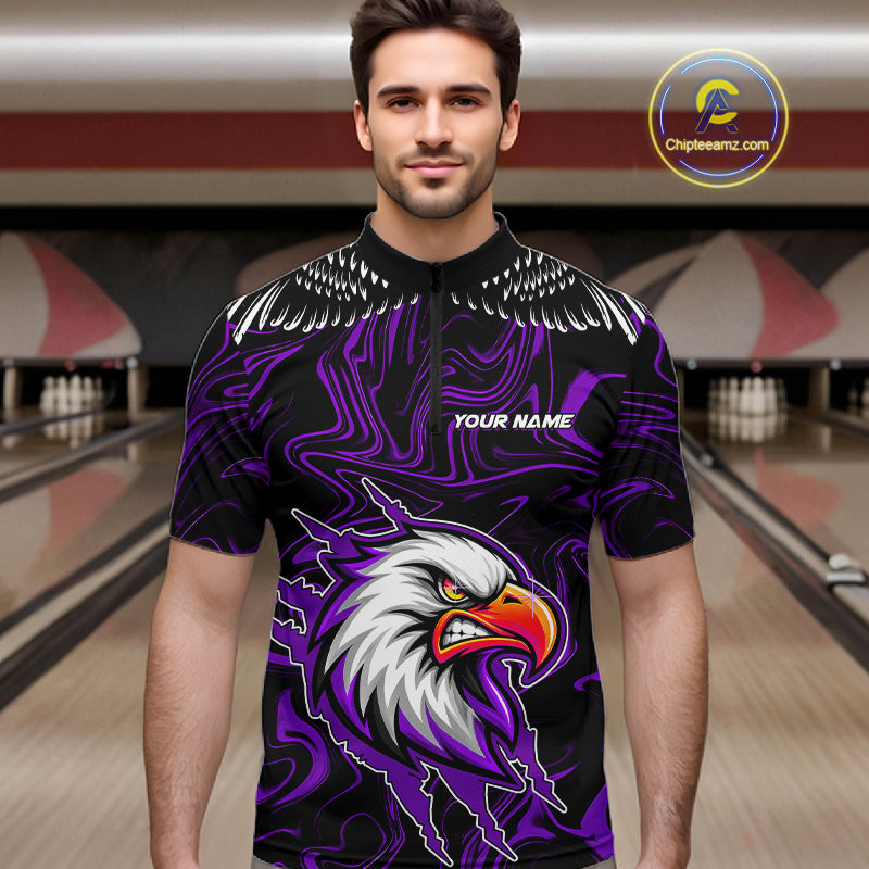 Black And Purple Swirl Pattern Eagle Bowling Shirts Custom Bowling League Team Jersey