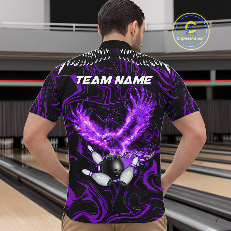 Black And Purple Swirl Pattern Eagle Bowling Shirts Custom Bowling League Team Jersey