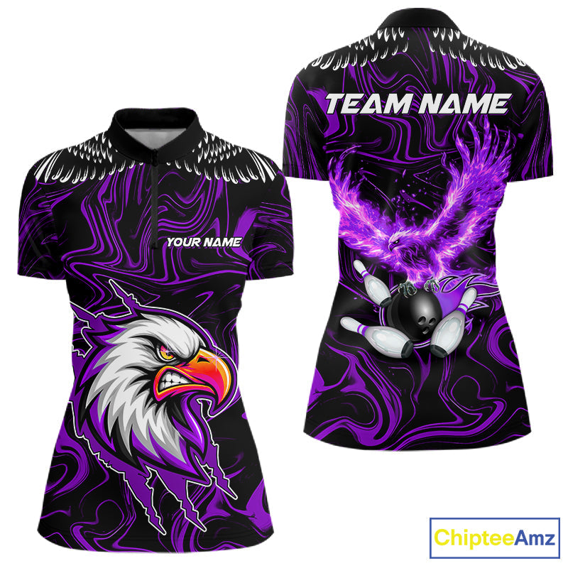 Black And Purple Swirl Pattern Eagle Bowling Shirts Custom Bowling League Team Jersey