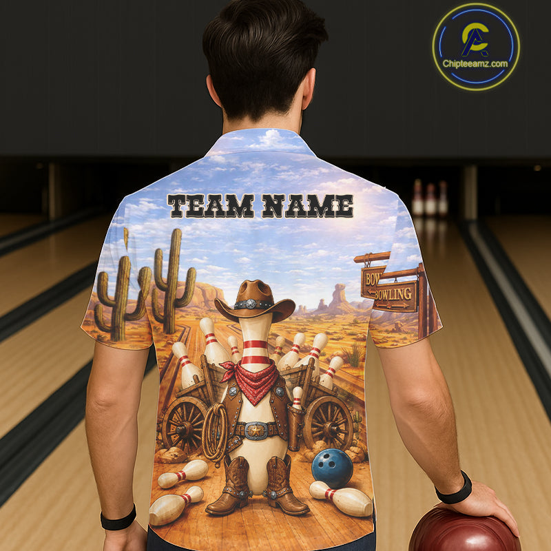 Funny Desert Cowboy Bowling Hawaiian Shirts And Custom Bowling League Team Jersey