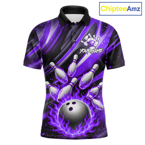 Custom Purple Flaming Silver Bowling Jersey, Bowling League Team Shirts Polo & Quarter Zip