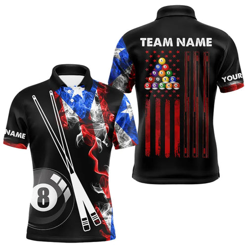 Smoke Puerto Rico US Flag Custom Billiard Shirt, Patriotic 8 Ball Pool Team Jersey