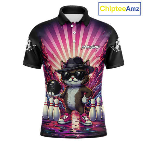 Pink Funny Cat Bowling Jersey Custom Neon Graffiti Bowling Shirt Team Polo & 1/4 Zip