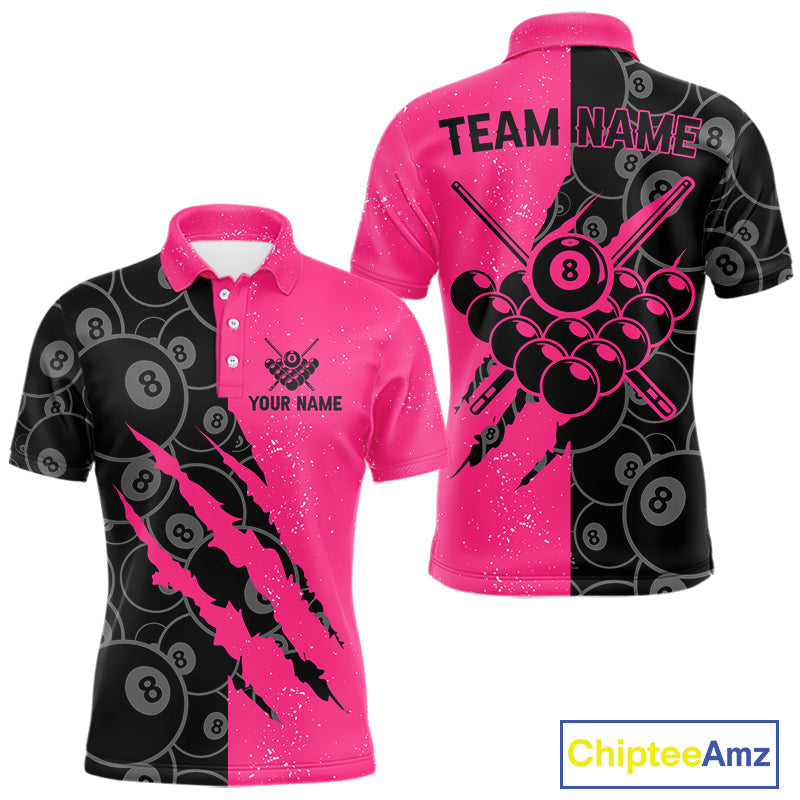 Custom Grunge Pink Black 8 Ball Pool Billiard Shirt, Billiard Team Jersey Polo & 1/4 Zip