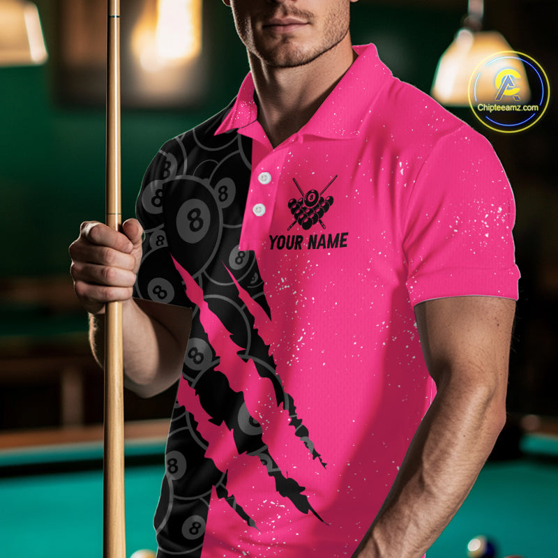 Custom Grunge Pink Black 8 Ball Pool Billiard Shirt, Billiard Team Jersey Polo & 1/4 Zip