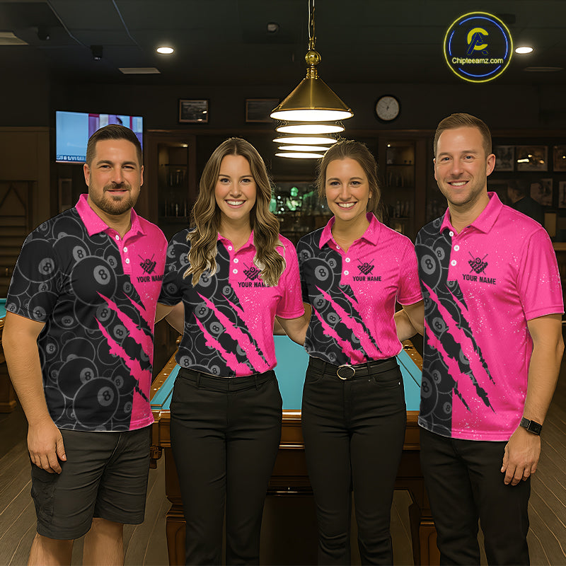 Custom Grunge Pink Black 8 Ball Pool Billiard Shirt, Billiard Team Jersey Polo & 1/4 Zip