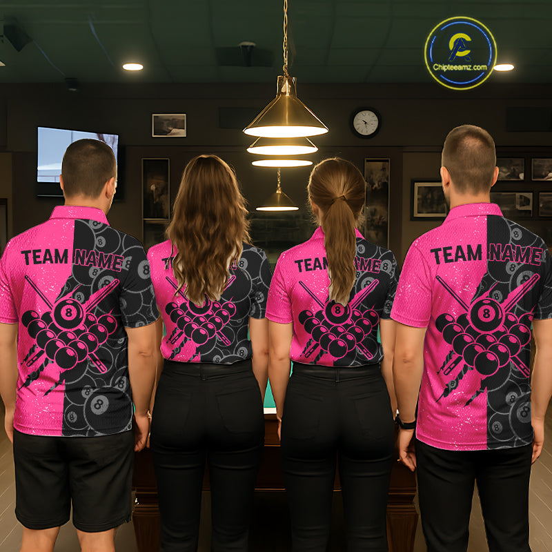 Custom Grunge Pink Black 8 Ball Pool Billiard Shirt, Billiard Team Jersey Polo & 1/4 Zip