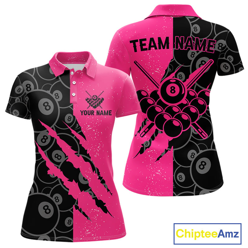 Custom Grunge Pink Black 8 Ball Pool Billiard Shirt, Billiard Team Jersey Polo & 1/4 Zip