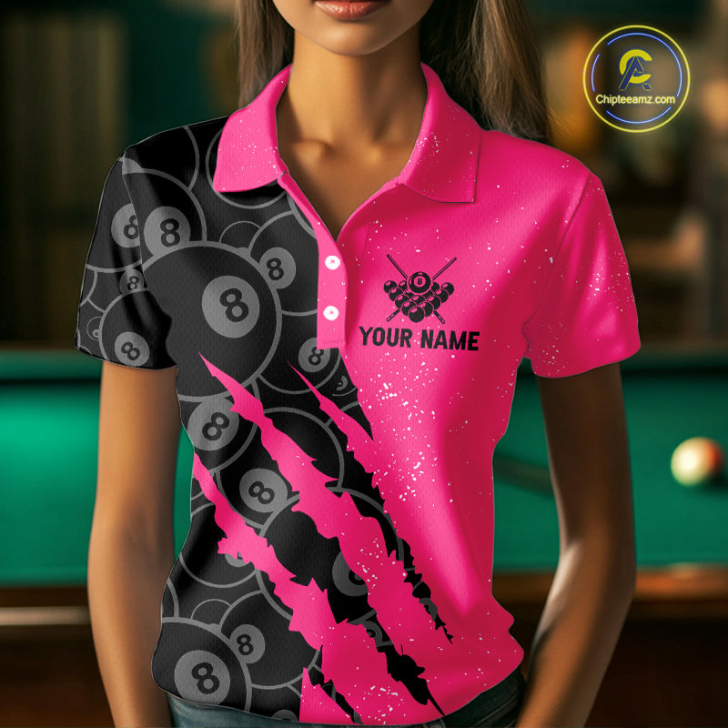 Custom Grunge Pink Black 8 Ball Pool Billiard Shirt, Billiard Team Jersey Polo & 1/4 Zip