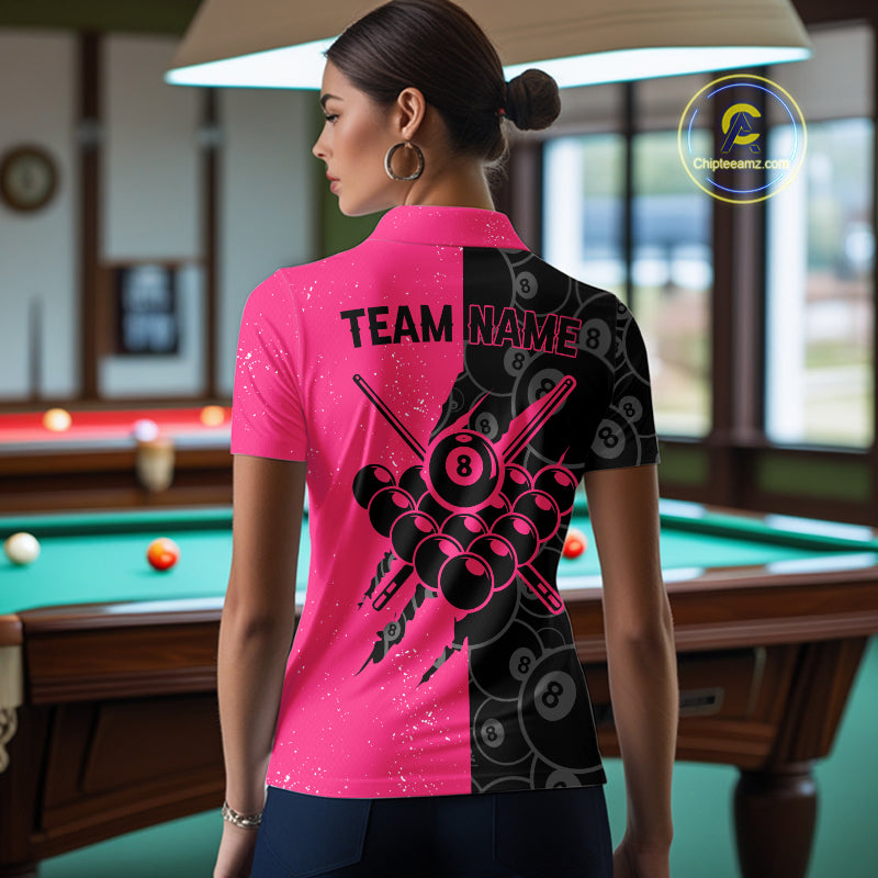 Custom Grunge Pink Black 8 Ball Pool Billiard Shirt, Billiard Team Jersey Polo & 1/4 Zip