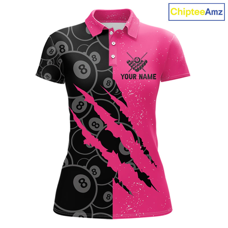 Custom Grunge Pink Black 8 Ball Pool Billiard Shirt, Billiard Team Jersey Polo & 1/4 Zip