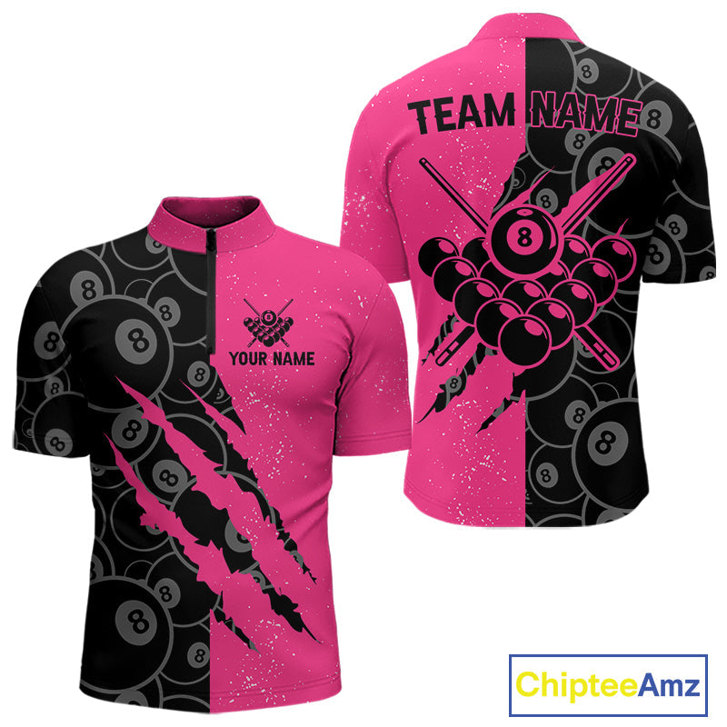 Custom Grunge Pink Black 8 Ball Pool Billiard Shirt, Billiard Team Jersey Polo & 1/4 Zip