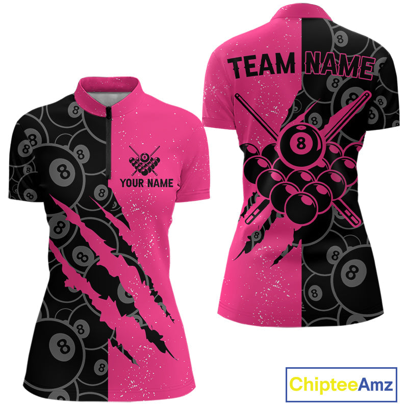 Custom Grunge Pink Black 8 Ball Pool Billiard Shirt, Billiard Team Jersey Polo & 1/4 Zip