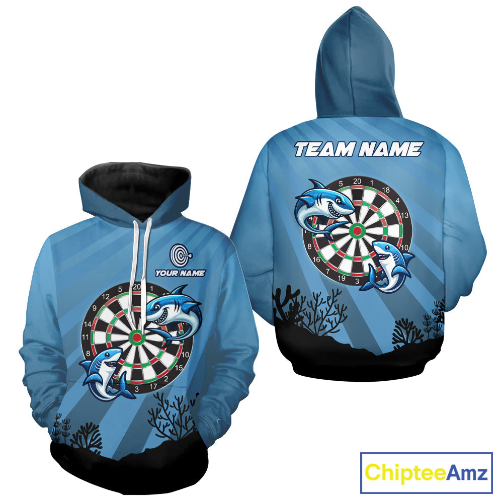 Blue Funny Shark Darts Hoodie Shirt And Custom Darts League Hoodie Jersey