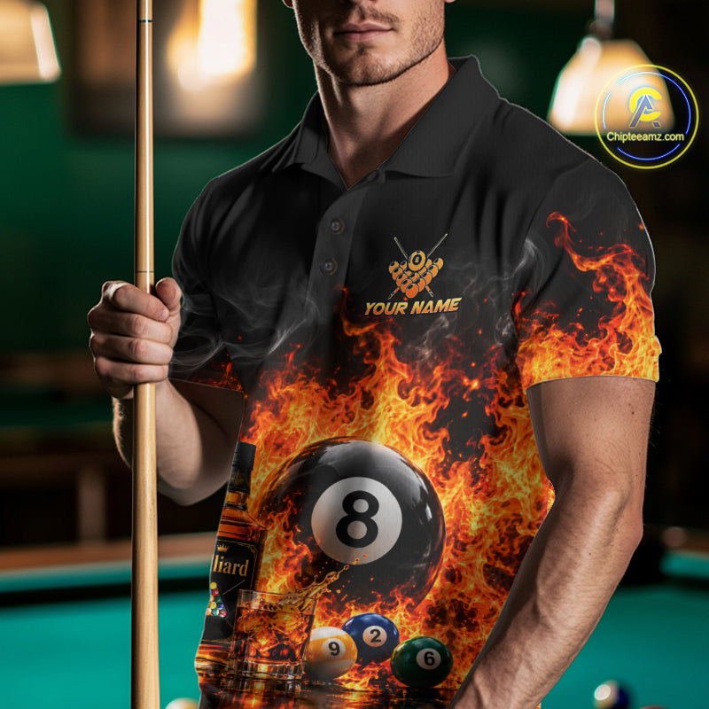 Custom Fire Flame 8 Ball Whiskey Billiard Shirts, Pool Team Jersey Polo & Quarter Zip
