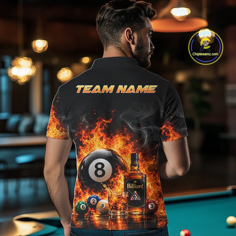 Custom Fire Flame 8 Ball Whiskey Billiard Shirts, Pool Team Jersey Polo & Quarter Zip