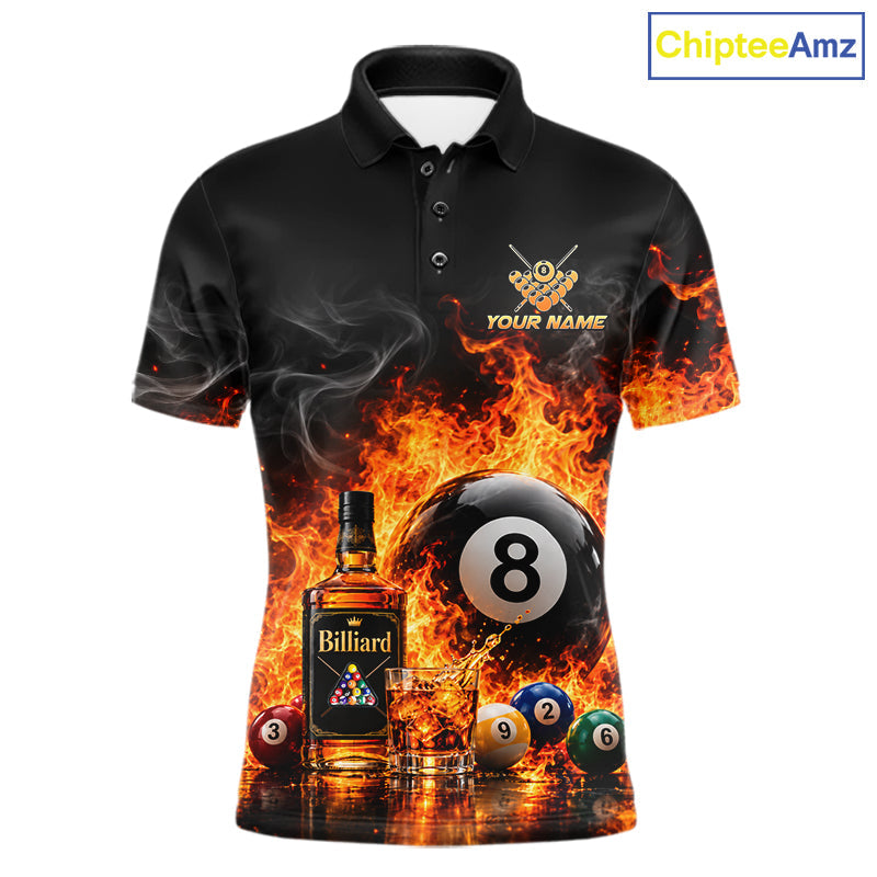 Custom Fire Flame 8 Ball Whiskey Billiard Shirts, Pool Team Jersey Polo & Quarter Zip