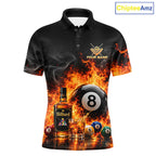 Custom Fire Flame 8 Ball Whiskey Billiard Shirts, Pool Team Jersey Polo & Quarter Zip