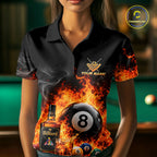 Custom Fire Flame 8 Ball Whiskey Billiard Shirts, Pool Team Jersey Polo & Quarter Zip
