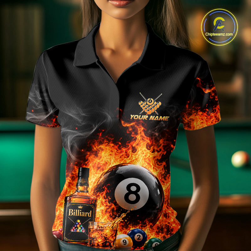 Custom Fire Flame 8 Ball Whiskey Billiard Shirts, Pool Team Jersey Polo & Quarter Zip