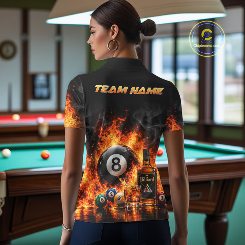 Custom Fire Flame 8 Ball Whiskey Billiard Shirts, Pool Team Jersey Polo & Quarter Zip