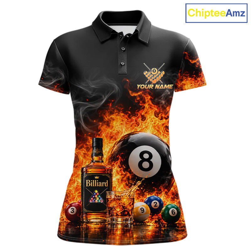 Custom Fire Flame 8 Ball Whiskey Billiard Shirts, Pool Team Jersey Polo & Quarter Zip