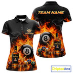Custom Fire Flame 8 Ball Whiskey Billiard Shirts, Pool Team Jersey Polo & Quarter Zip