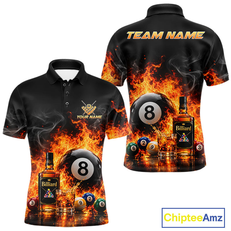 Custom Fire Flame 8 Ball Whiskey Billiard Shirts, Pool Team Jersey Polo & Quarter Zip