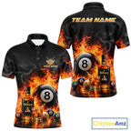 Custom Fire Flame 8 Ball Whiskey Billiard Shirts, Pool Team Jersey Polo & Quarter Zip