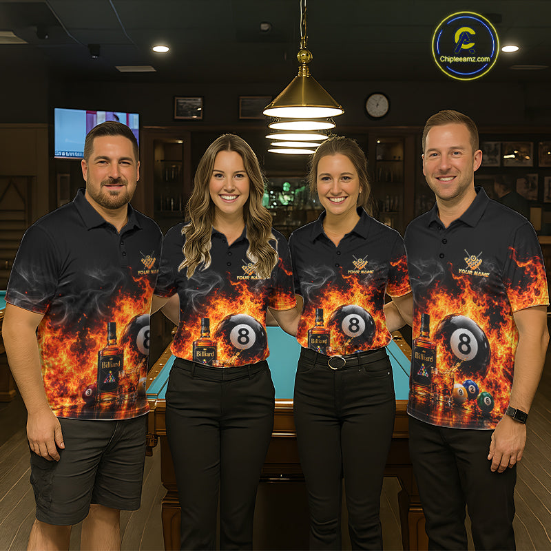 Custom Fire Flame 8 Ball Whiskey Billiard Shirts, Pool Team Jersey Polo & Quarter Zip