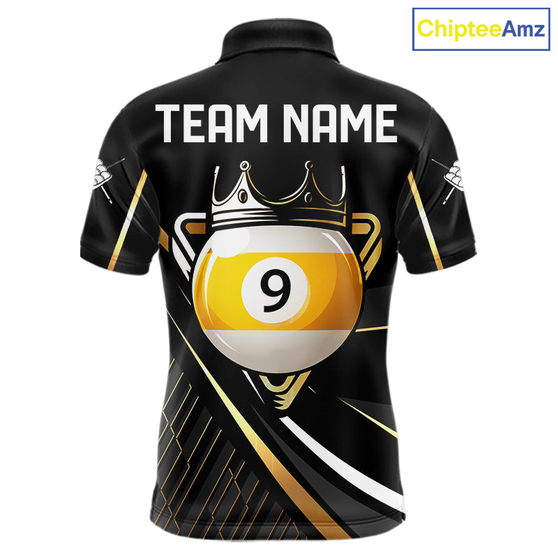 Personalized Golden 9 Ball Pool Crown Billiard Shirt, Billiard Team Jersey Polo & 1/4 Zip
