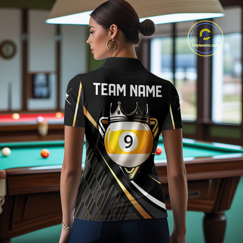 Personalized Golden 9 Ball Pool Crown Billiard Shirt, Billiard Team Jersey Polo & 1/4 Zip