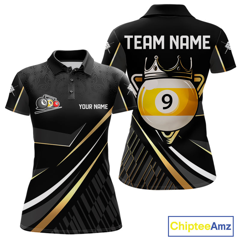 Personalized Golden 9 Ball Pool Crown Billiard Shirt, Billiard Team Jersey Polo & 1/4 Zip