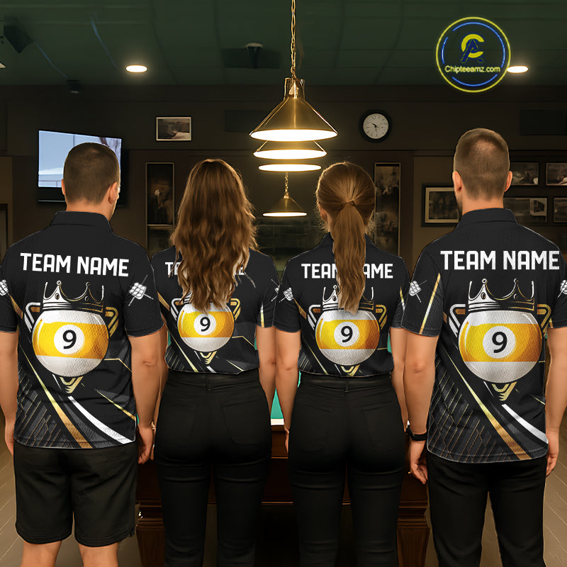 Personalized Golden 9 Ball Pool Crown Billiard Shirt, Billiard Team Jersey Polo & 1/4 Zip