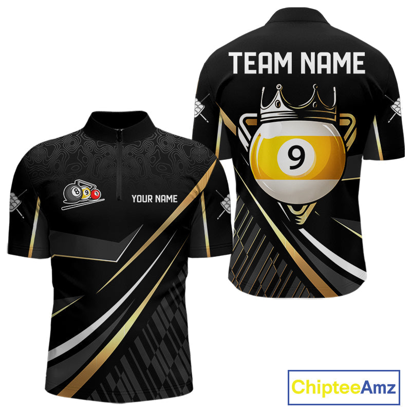 Personalized Golden 9 Ball Pool Crown Billiard Shirt, Billiard Team Jersey Polo & 1/4 Zip