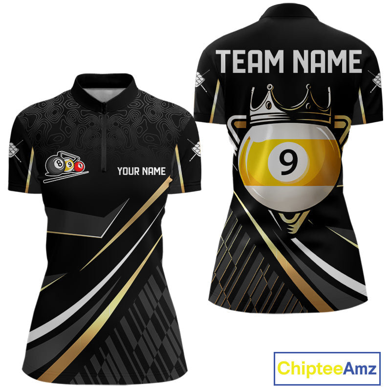 Personalized Golden 9 Ball Pool Crown Billiard Shirt, Billiard Team Jersey Polo & 1/4 Zip