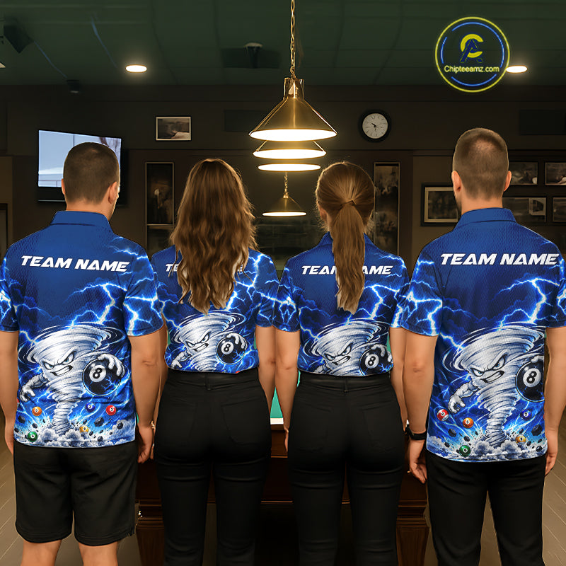 Blue Lightning Thunder Funny Tornado 8 Ball Billiard Pool Shirts Custom Pool Team Jersey