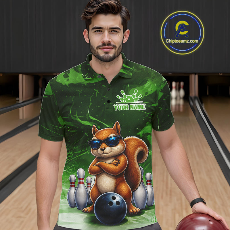 Personalized Green Funny Squirrel Bowling Shirt Custom Bowling Team Jersey Polo & 1/4 Zip