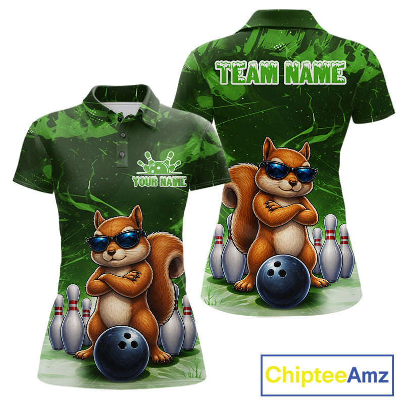 Personalized Green Funny Squirrel Bowling Shirt Custom Bowling Team Jersey Polo & 1/4 Zip