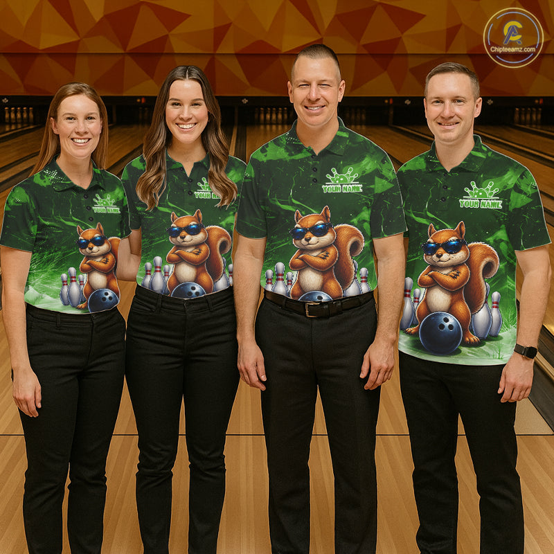 Personalized Green Funny Squirrel Bowling Shirt Custom Bowling Team Jersey Polo & 1/4 Zip