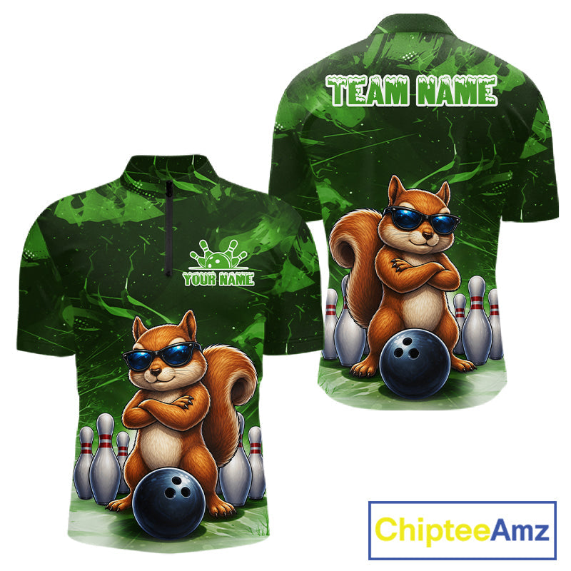 Personalized Green Funny Squirrel Bowling Shirt Custom Bowling Team Jersey Polo & 1/4 Zip