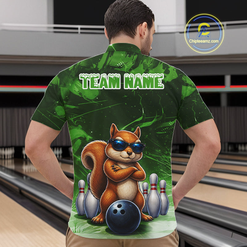 Personalized Green Funny Squirrel Bowling Shirt Custom Bowling Team Jersey Polo & 1/4 Zip