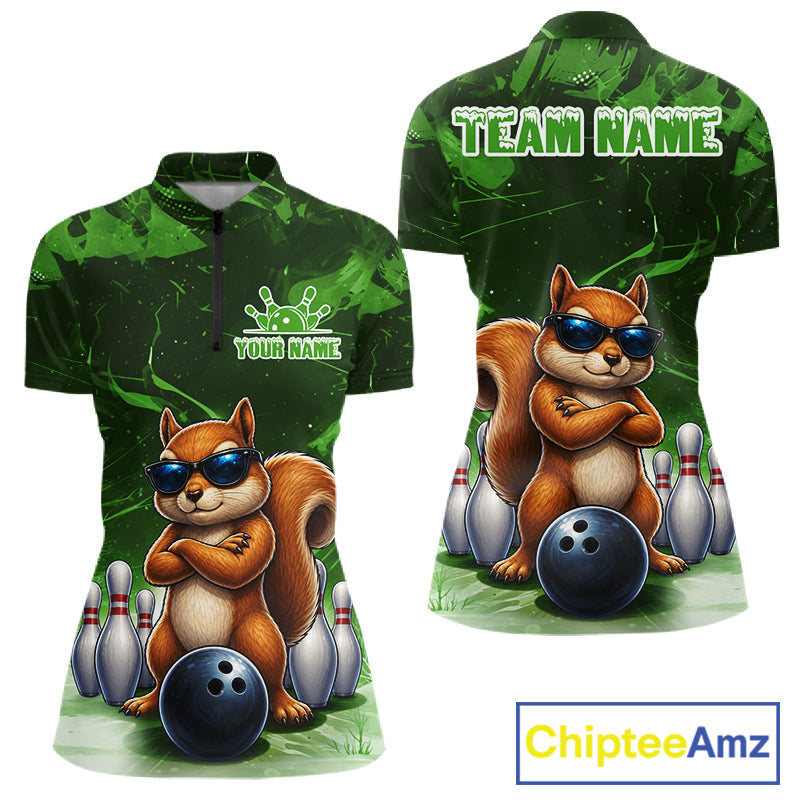Personalized Green Funny Squirrel Bowling Shirt Custom Bowling Team Jersey Polo & 1/4 Zip