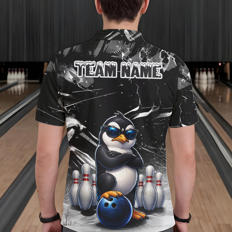 Personalized Black Funny Penguin Bowling Shirt Custom Bowling Team Jersey Polo & 1/4 Zip
