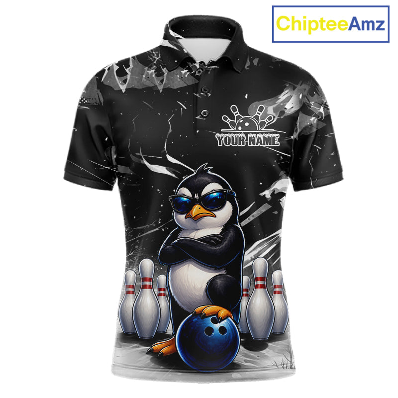 Personalized Black Funny Penguin Bowling Shirt Custom Bowling Team Jersey Polo & 1/4 Zip