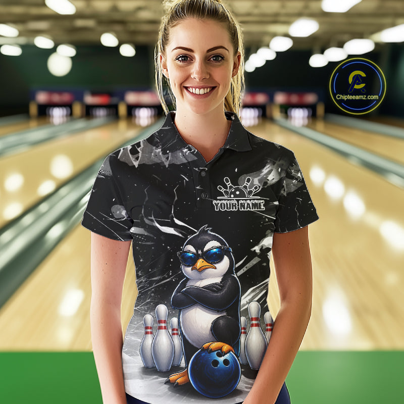Personalized Black Funny Penguin Bowling Shirt Custom Bowling Team Jersey Polo & 1/4 Zip