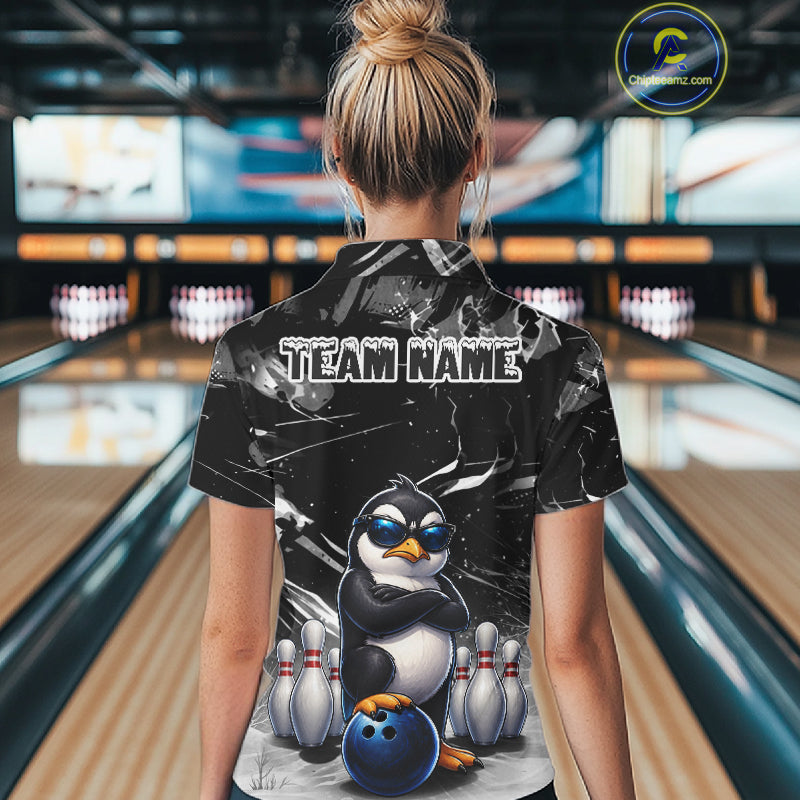 Personalized Black Funny Penguin Bowling Shirt Custom Bowling Team Jersey Polo & 1/4 Zip